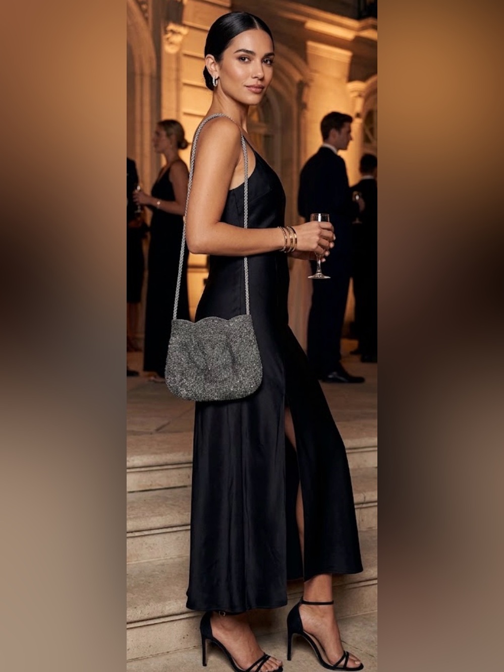 Beaded Evening Wedding Guest  Crossbody Sparkly Bag‎ in Gunmetal Gray with heart